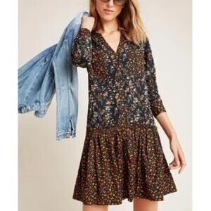 Anthropologie Maeve Marlie Button Down Tunic Dress Floral Drop Waist Size 4